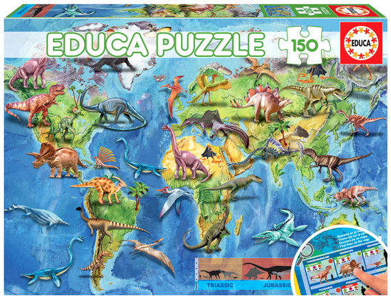 Puzzle 150 el. Mapa świata dla dzieci (Dinozaury)