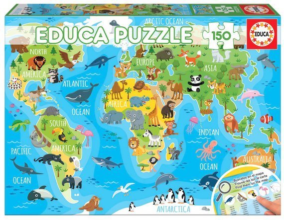 Puzzle 150 el. Mapa świata dla dzieci (Zwierzęta)